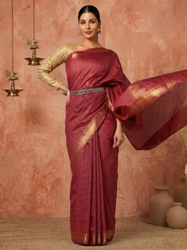 Ishvani_Handdyed_Kota_Silk_Checks_Saree_Red
