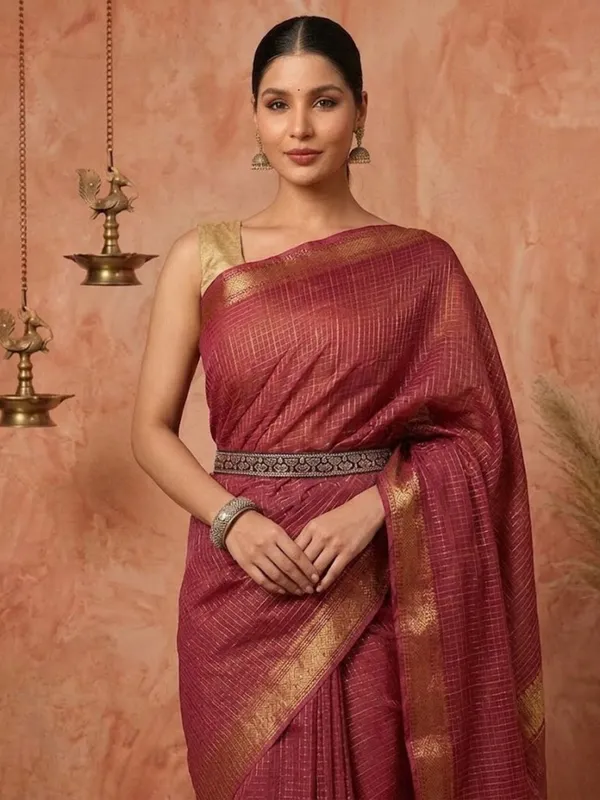 Ishvani_Handdyed_Kota_Silk_Checks_Saree_Red