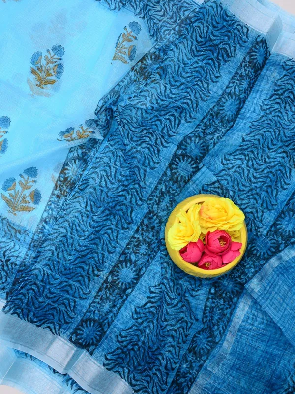 Varnika_Blue_Kota_Doria_Blockprint_Saree