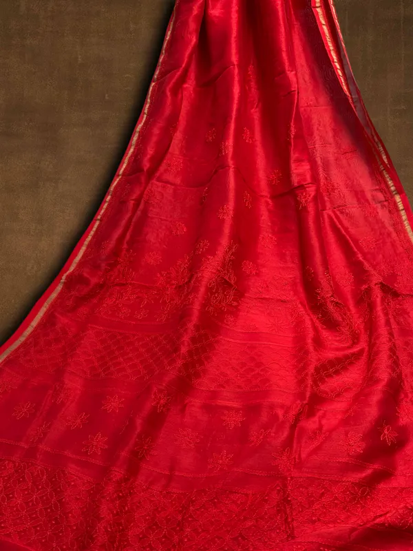 Novara_Chikankari_Pure_Chanderi_Silk_Saree_Fiery_Red