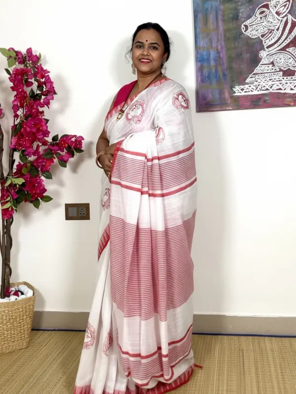 Shakti_Kora_Silk_Red_&_White_Durga_Embroidery_Saree