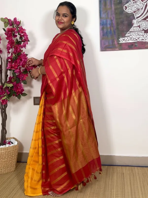 Stunning_Pure_Linen_Striped_Red_&_Yellow_Saree