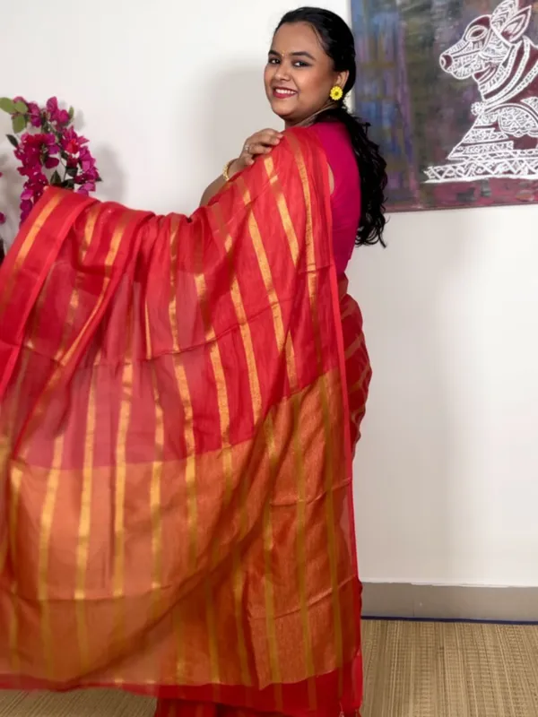 Stunning_Pure_Linen_Striped_Red_&_Yellow_Saree