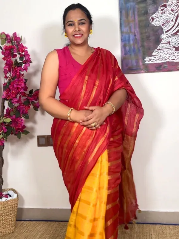 Stunning_Pure_Linen_Striped_Red_&_Yellow_Saree
