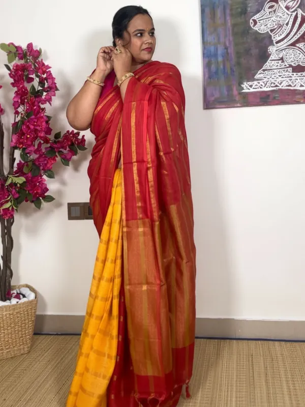 Stunning_Pure_Linen_Striped_Red_&_Yellow_Saree