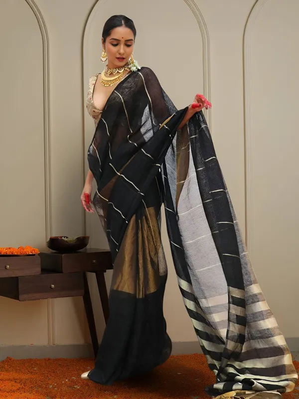 Noor-e-Linen_Zari_Weaving_Saree_Bold_Black