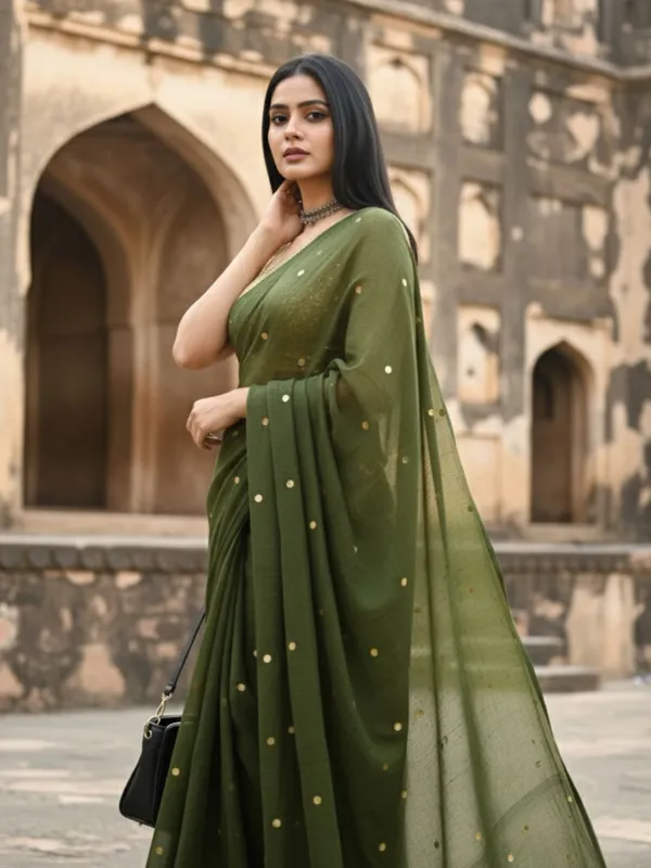 Gini_Baani_Pure_Mul_Cotton_Sequin_Bottle_Green_Saree