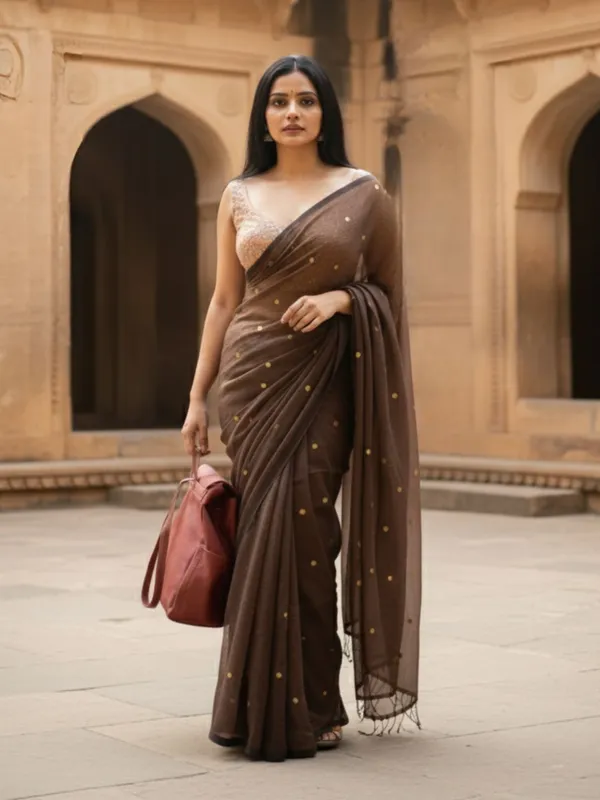 Gini_Baani_Pure_Mul_Cotton_Sequin_Brown_Saree