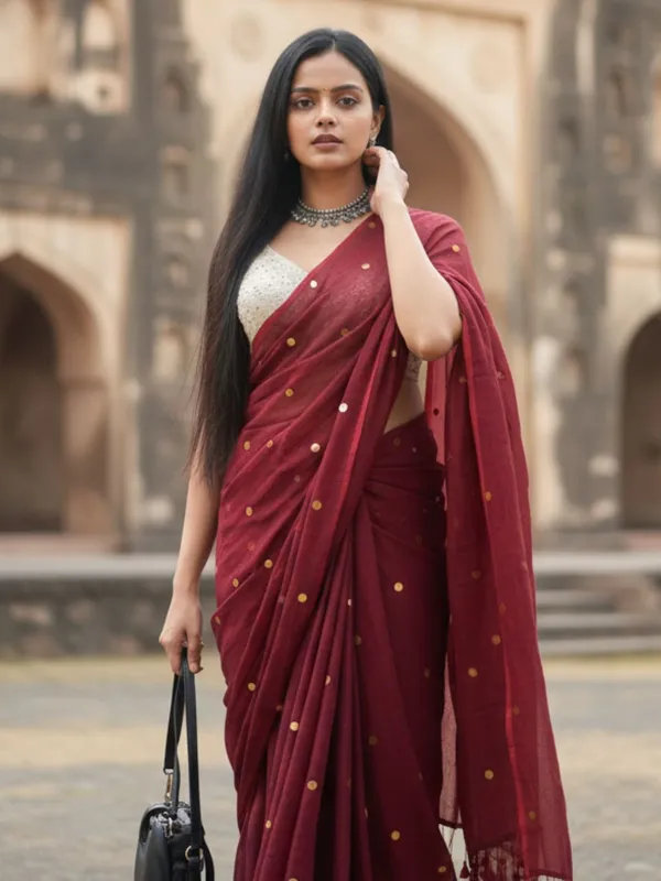 Gini_Baani_Pure_Mul_Cotton_Sequin_Bold_Red_Saree