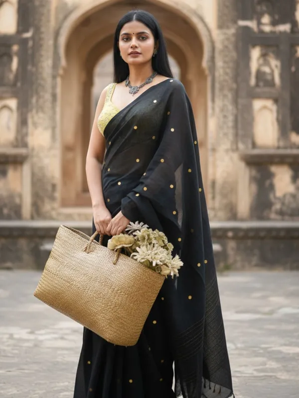Gini_Baani_Pure_Mul_Cotton_Sequin_Black_Saree
