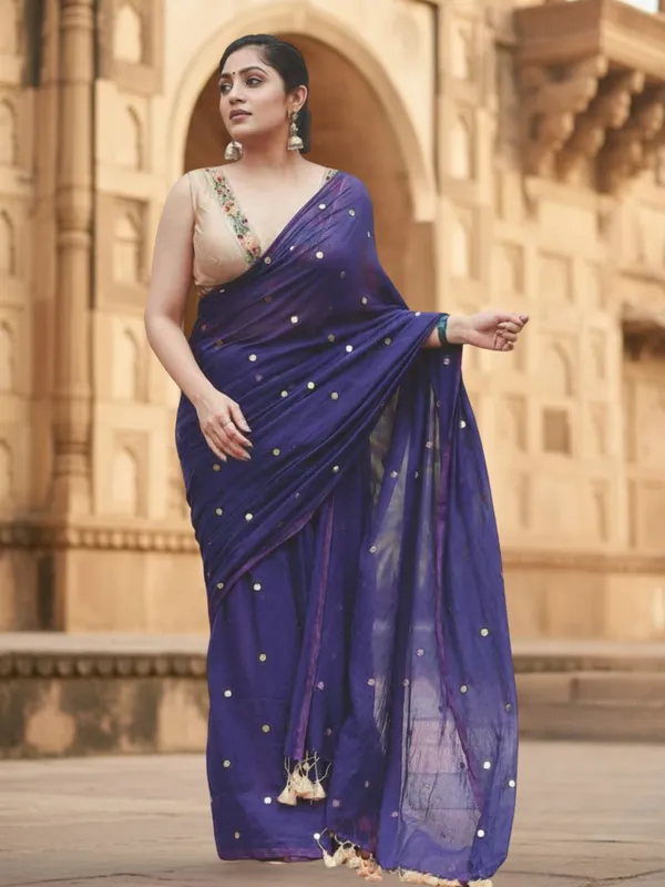Gini_Baani_Pure_Mul_Cotton_Sequin_Navy_Blue_Saree