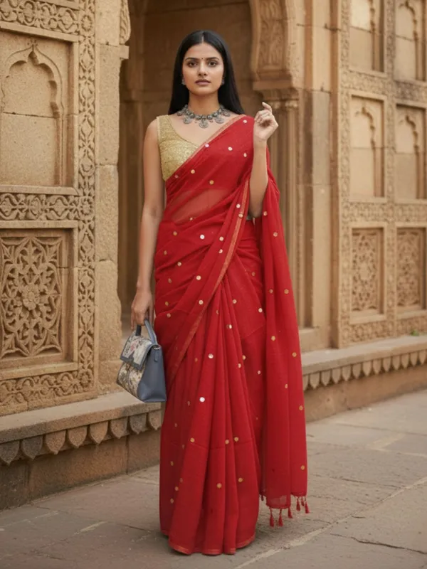 Gini_Baani_Pure_Mul_Cotton_Sequin_Red_Saree