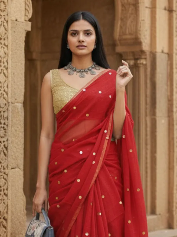 Gini_Baani_Pure_Mul_Cotton_Sequin_Red_Saree