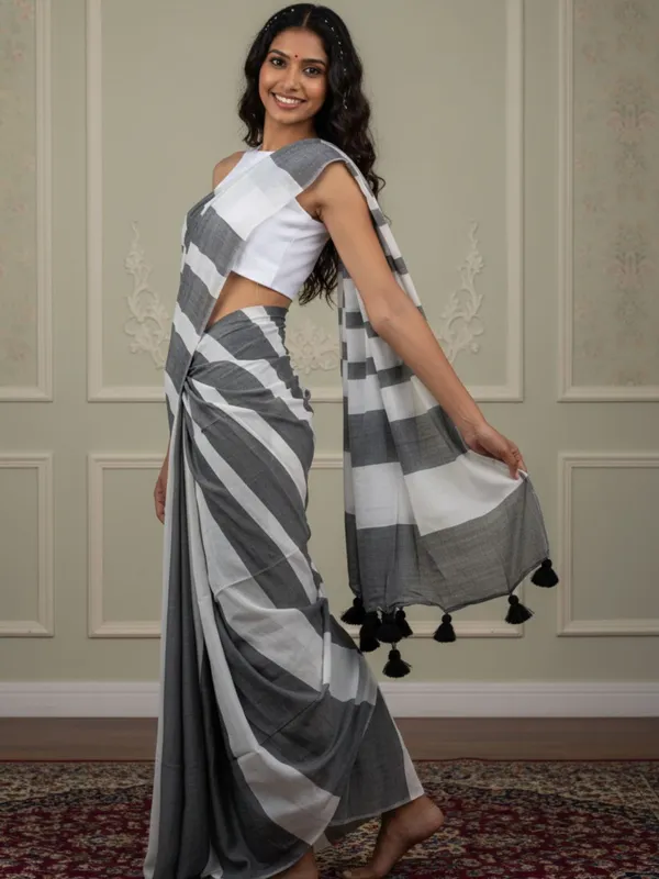Nirmal_Pure_Khadi_Cotton_Handloom_Gray_&_White_Saree