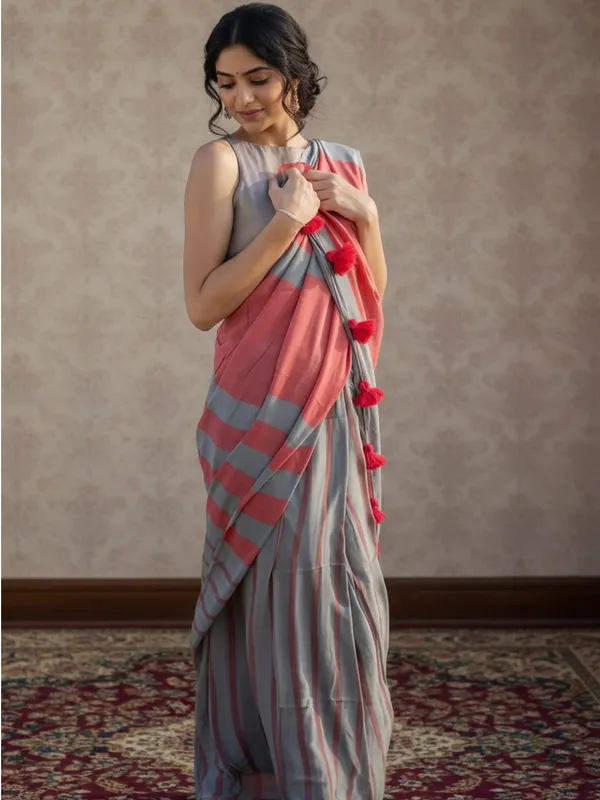 Nirmal_Pure_Khadi_Cotton_Handloom_Gray_&_Peach_Saree