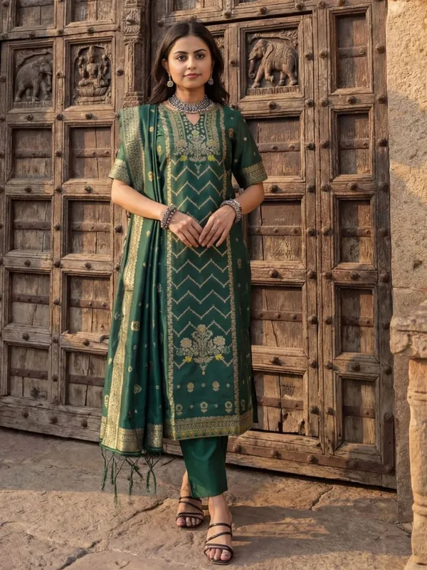 Shan-e-Banaras_Cotton_Mix_Brocade_Suit_Dark_Green