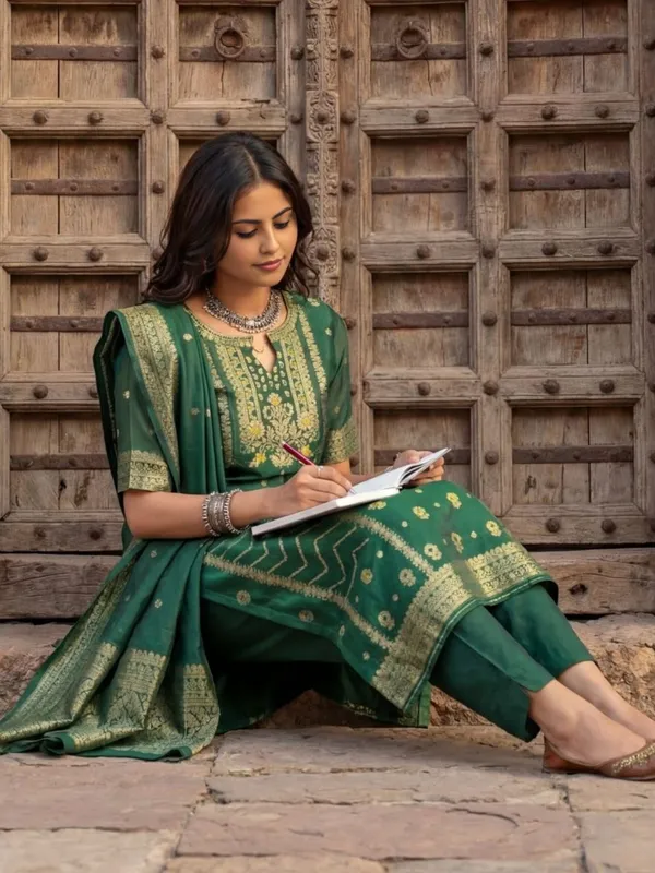 Shan-e-Banaras_Cotton_Mix_Brocade_Suit_Dark_Green