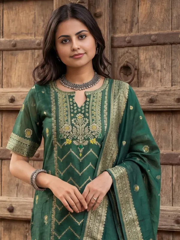 Shan-e-Banaras_Cotton_Mix_Brocade_Suit_Dark_Green