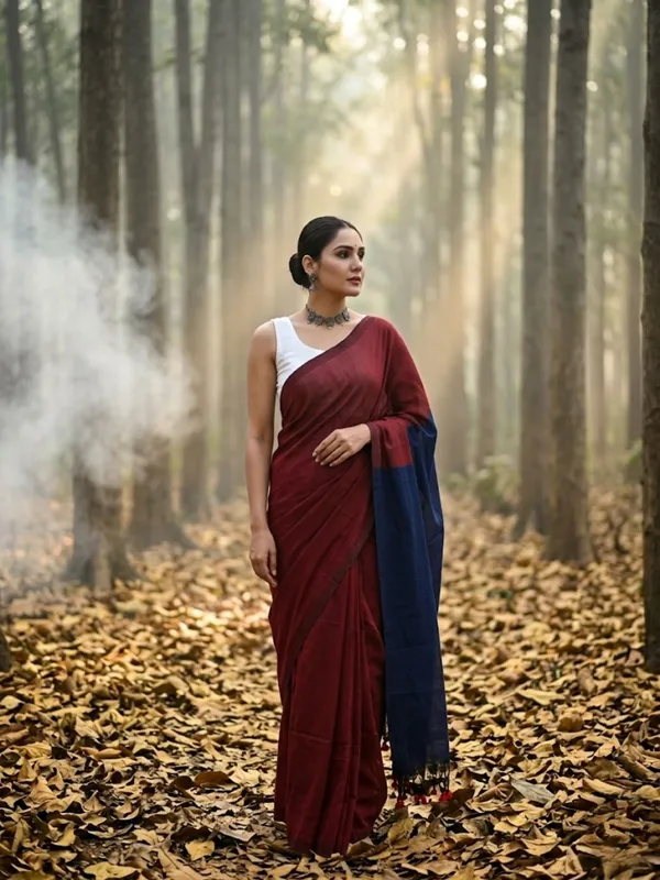 Earthloom_Handdyed_Khadi_Cotton_Saree_Fiery_Red