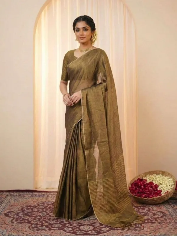 Svarnima_Pure_Handloom_Tissue_Linen_Saree_Olive_Green