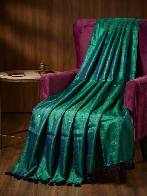 Chamak_Sequin_Pure_Mul_Cotton_Saree_Dark_Green