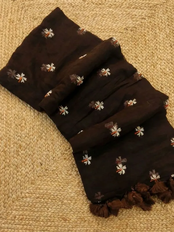 Hawa_Hawai_Embroidery_Pure_Mul_Cotton_Saree_Dark_Brown
