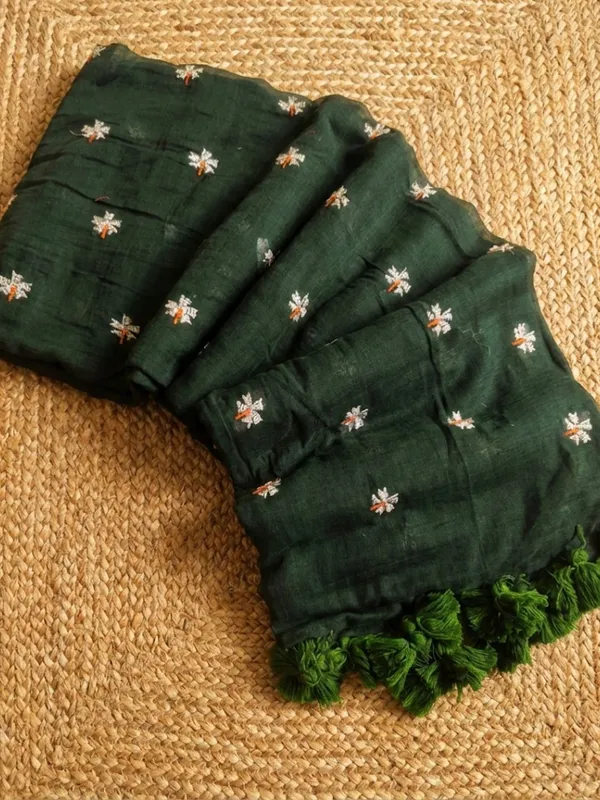 Hawa_Hawai_Embroidery_Pure_Mul_Cotton_Saree_Dark_Green