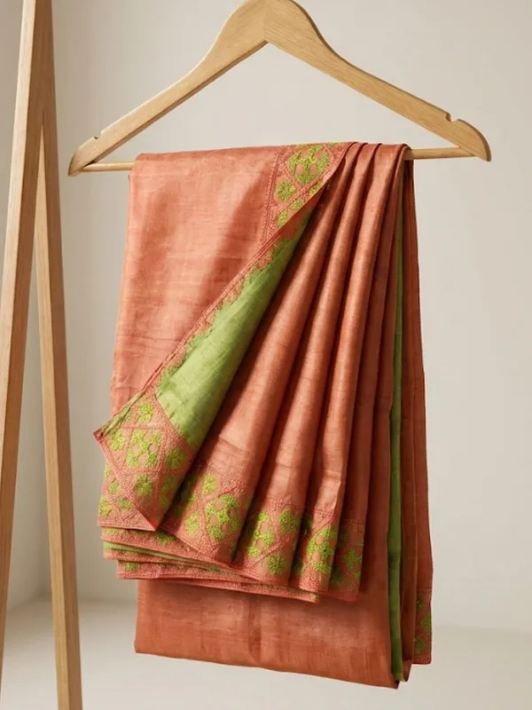 Mridini_Silkmark_Tussar_Silk_Embroidery_Saree_Peach
