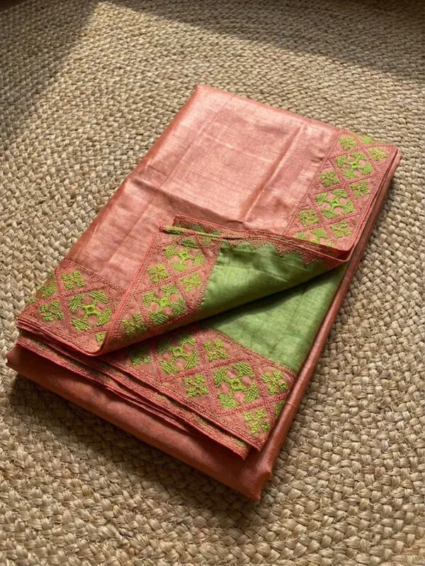 Mridini_Silkmark_Tussar_Silk_Embroidery_Saree_Peach