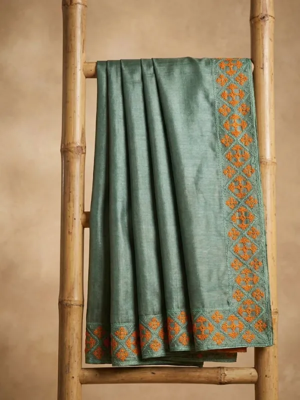 Mridini_Silkmark_Tussar_Silk_Embroidery_Saree_Sage_Green