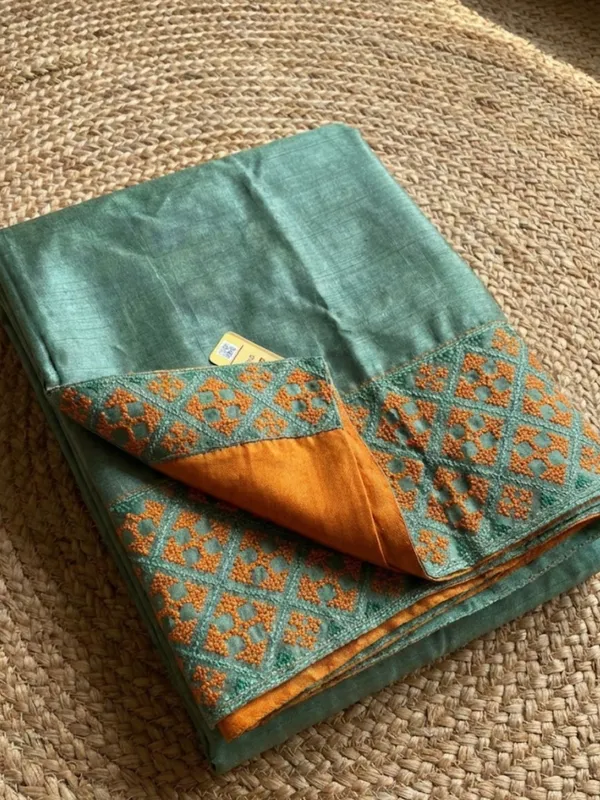 Mridini_Silkmark_Tussar_Silk_Embroidery_Saree_Sage_Green
