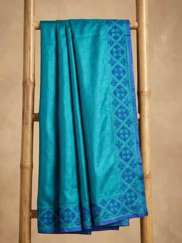 Mridini_Silkmark_Tussar_Silk_Embroidery_Saree_Teal_Blue