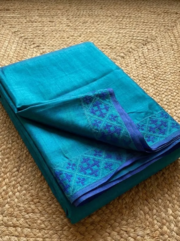 Mridini_Silkmark_Tussar_Silk_Embroidery_Saree_Teal_Blue