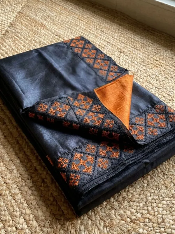 Mridini_Silkmark_Tussar_Silk_Embroidery_Saree_Raven_Black