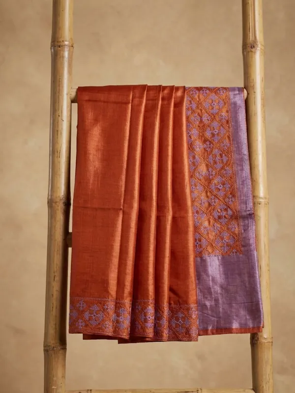 Mridini_Silkmark_Tussar_Silk_Embroidery_Saree_Rust_Orange