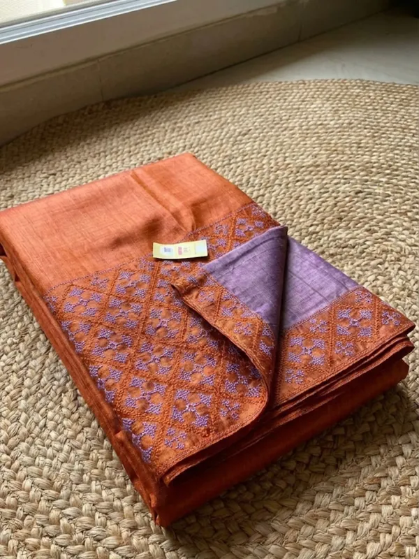Mridini_Silkmark_Tussar_Silk_Embroidery_Saree_Rust_Orange