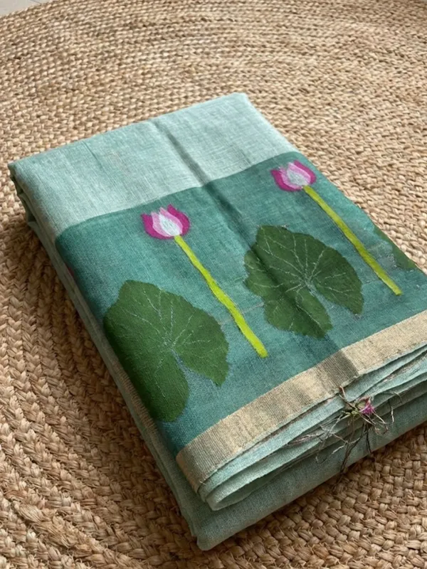 Iraaya_Handloom_Pure_Jayashree_Silk_Linen_Saree_Teal_Blue