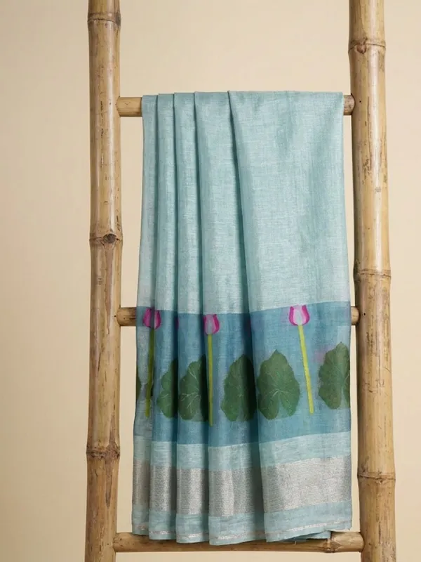 Iraaya_Handloom_Pure_Jayashree_Silk_Linen_Saree_Teal_Blue