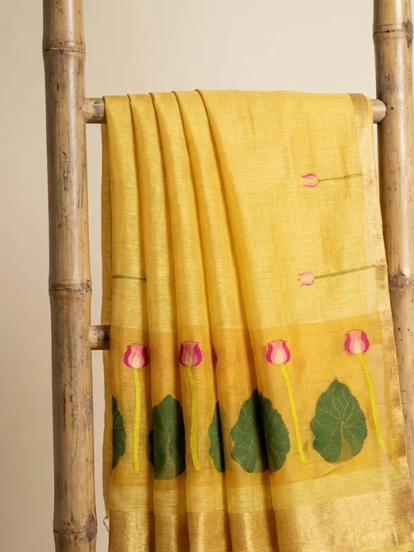Iraaya_Handloom_Pure_Jayashree_Silk_Linen_Saree_Bright_Yellow