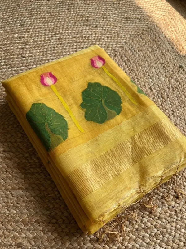 Iraaya_Handloom_Pure_Jayashree_Silk_Linen_Saree_Bright_Yellow