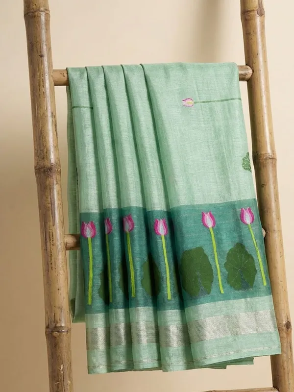 Iraaya_Handloom_Pure_Jayashree_Silk_Linen_Saree_Mint_Green