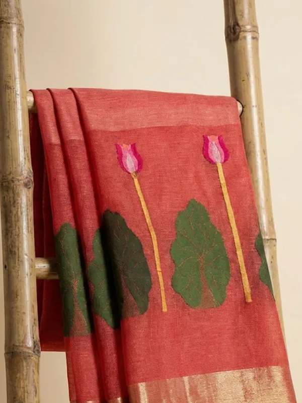 Iraaya_Handloom_Pure_Jayashree_Silk_Linen_Saree_Tomato_Red