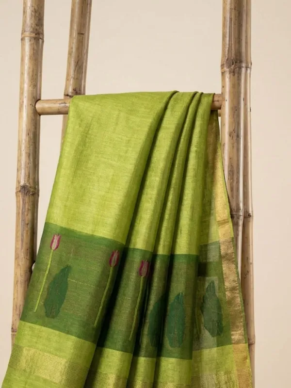 Iraaya_Handloom_Pure_Jayashree_Silk_Linen_Saree_Lime_Green