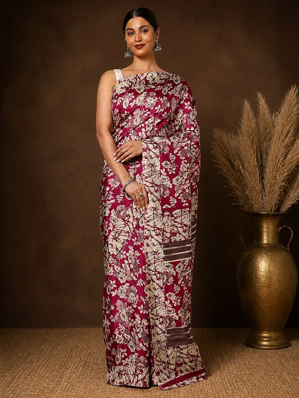 Magenta_Floral_Kashmiri_Silk_Saree,_Striped_Border_|_Kyaari