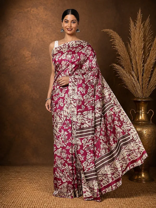 Magenta_Floral_Kashmiri_Silk_Saree,_Striped_Border_|_Kyaari