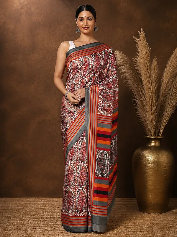 Red_Paisley_Kashmiri_Silk_Saree,_Striped_Border_|_Taal