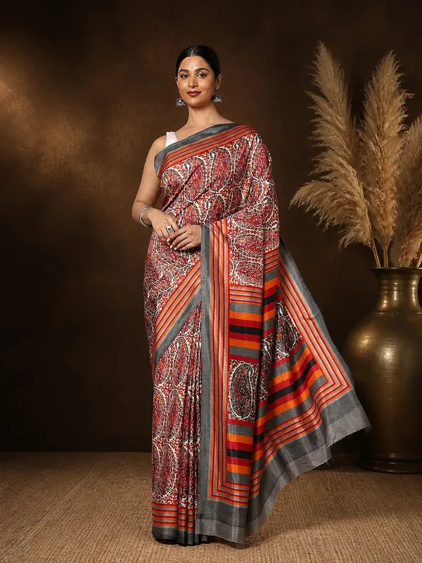 Red_Paisley_Kashmiri_Silk_Saree,_Striped_Border_|_Taal