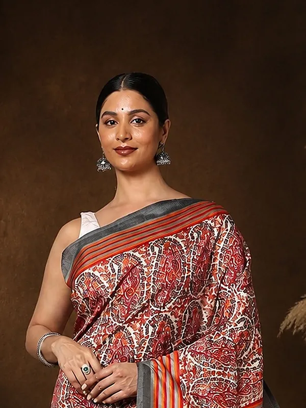 Red_Paisley_Kashmiri_Silk_Saree,_Striped_Border_|_Taal