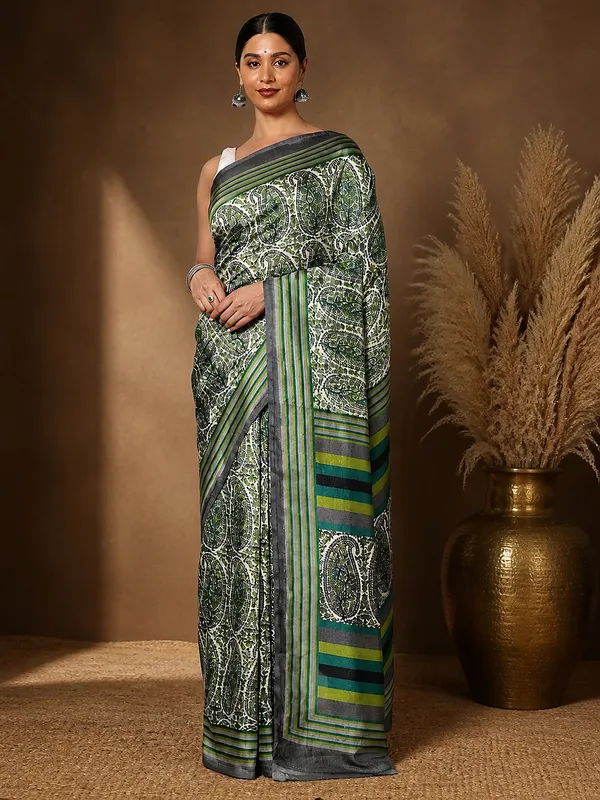Green_&_White_Paisley_Kashmiri_Silk_Saree_|_Taal