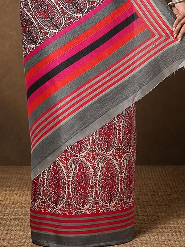 Red_Paisley_Kashmiri_Silk_Saree,_Striped_Pallu_|_Taal